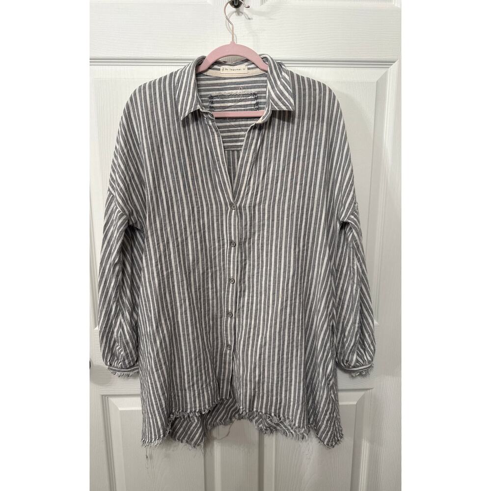 By Together Striped Cotton & Linen Blend Frayed Button Down, S